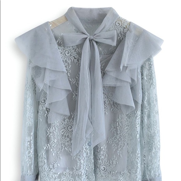Floral and Ruffle Bowknot Lace Top in Dusty Blue - Picture 4 of 6